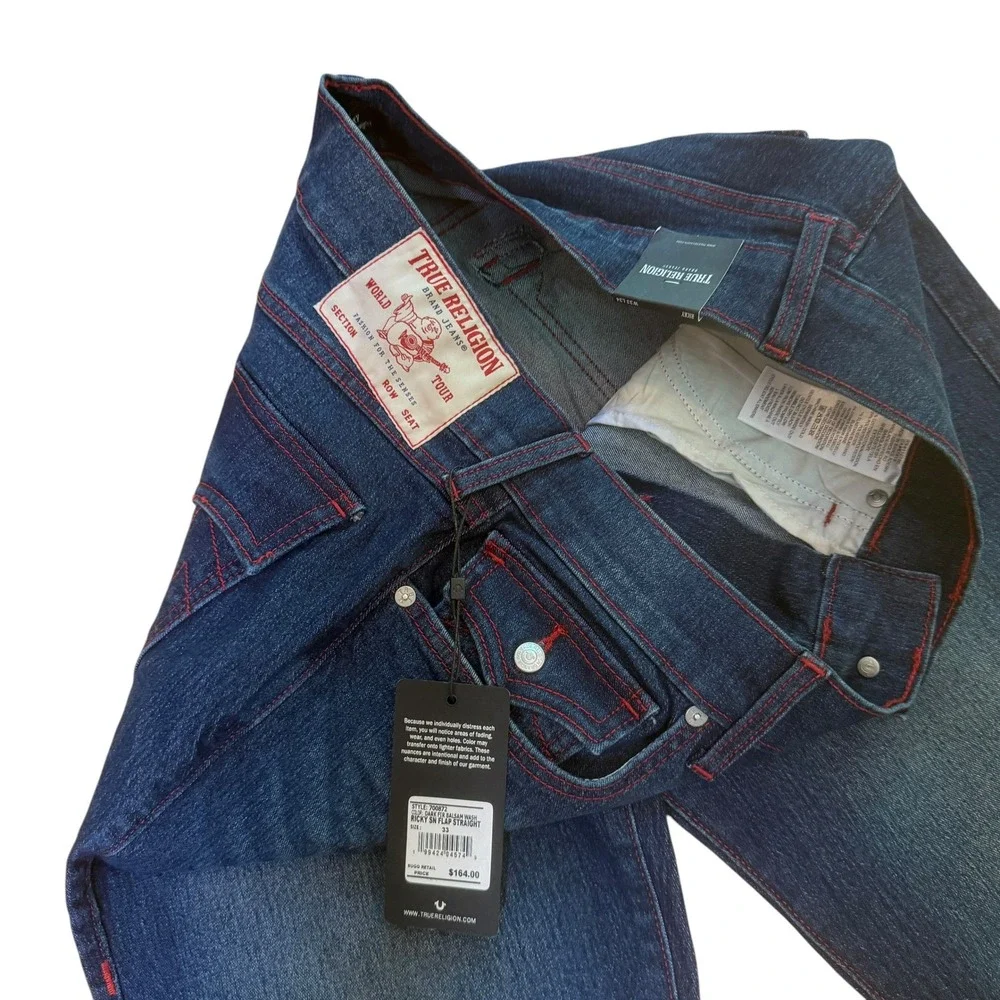 True Religion Ricky Relaxed Straight Men 33 Blue NWT Red Stitch Denim Jeans